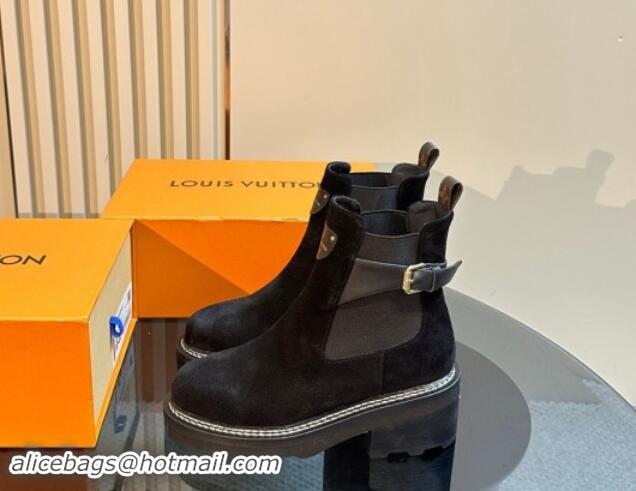 Sumptuous Louis Vuitton LV Beaubourg Ankle Boots 4cm in Suede with Buckle Black 1015035