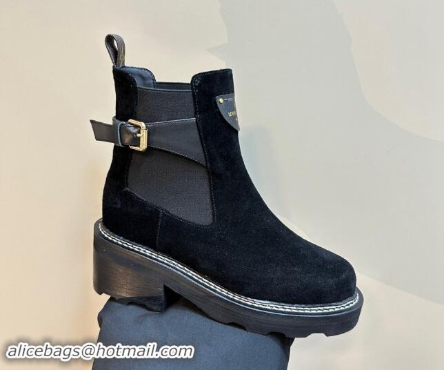 Sumptuous Louis Vuitton LV Beaubourg Ankle Boots 4cm in Suede with Buckle Black 1015035