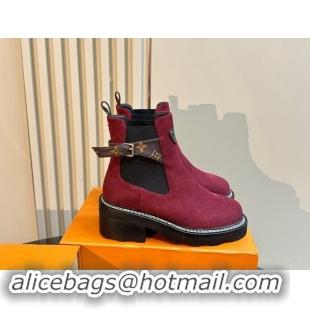 Stylish Louis Vuitton LV Beaubourg Ankle Boots 4cm in Suede with Buckle Purple 1015036