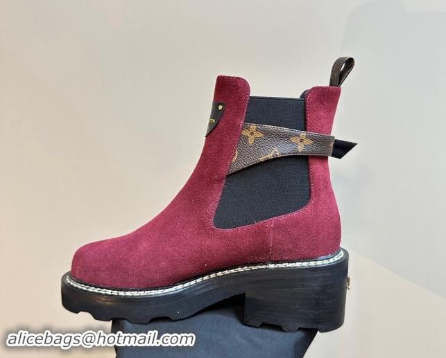 Stylish Louis Vuitton LV Beaubourg Ankle Boots 4cm in Suede with Buckle Purple 1015036