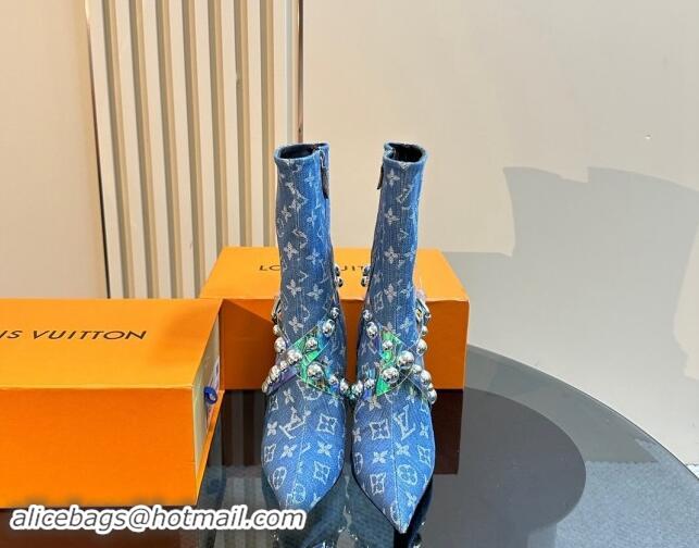 Hot Style Louis Vuitton Blue Denim Ankle Boots with Studs Buckle 1015037