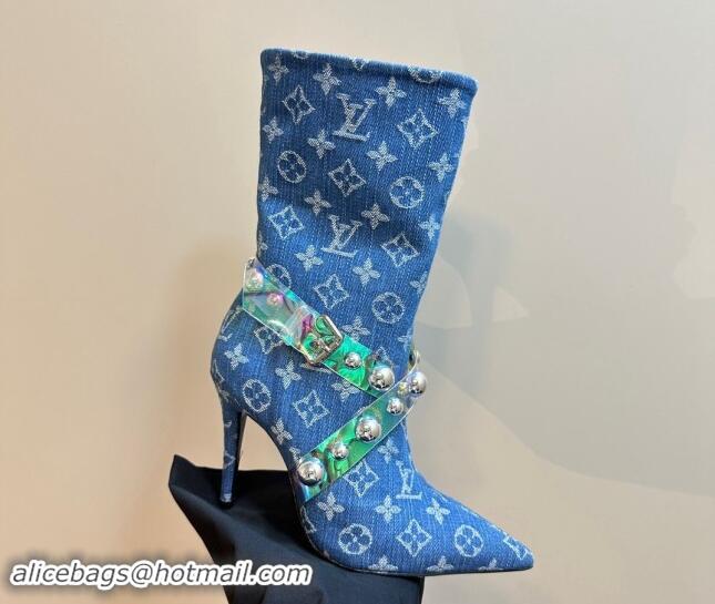 Hot Style Louis Vuitton Blue Denim Ankle Boots with Studs Buckle 1015037