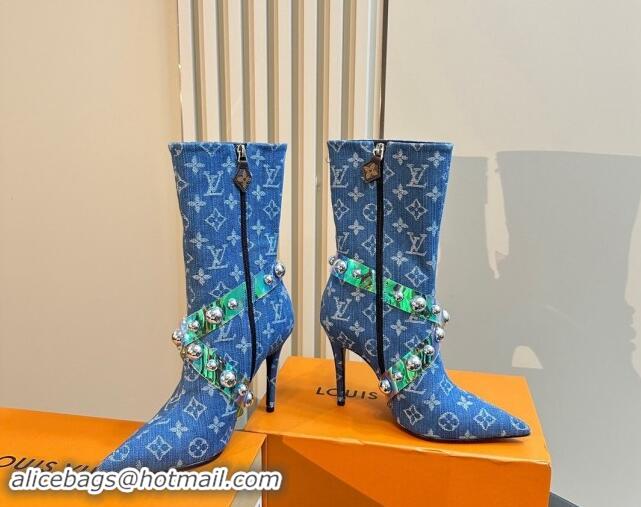 Hot Style Louis Vuitton Blue Denim Ankle Boots with Studs Buckle 1015037