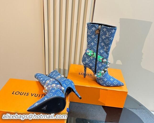 Hot Style Louis Vuitton Blue Denim Ankle Boots with Studs Buckle 1015037