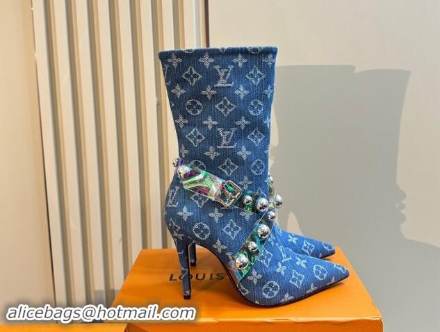 Hot Style Louis Vuitton Blue Denim Ankle Boots with Studs Buckle 1015037