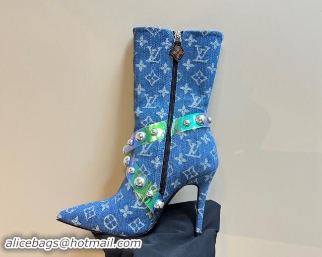 Hot Style Louis Vuitton Blue Denim Ankle Boots with Studs Buckle 1015037