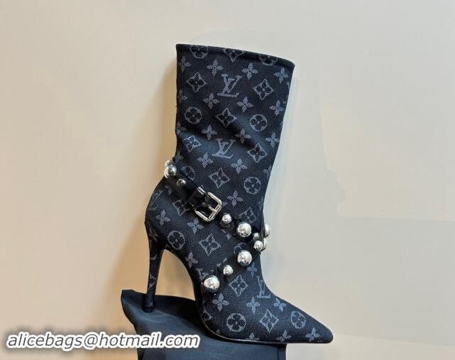 Stylish Louis Vuitton Black Denim Ankle Boots with Studs Buckle Black 1015039