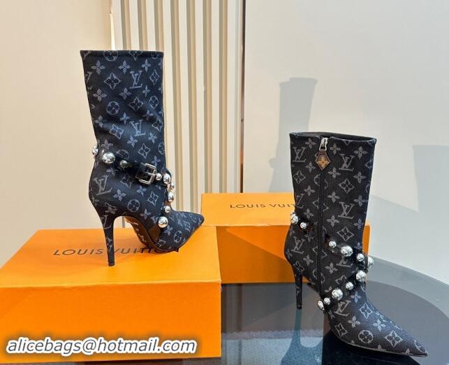 Stylish Louis Vuitton Black Denim Ankle Boots with Studs Buckle Black 1015039