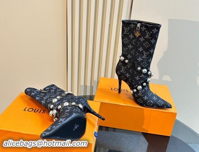 Stylish Louis Vuitton Black Denim Ankle Boots with Studs Buckle Black 1015039