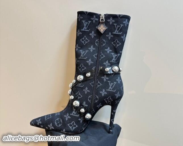 Stylish Louis Vuitton Black Denim Ankle Boots with Studs Buckle Black 1015039