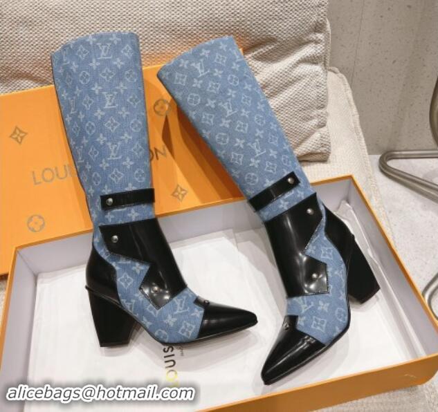 Perfect Louis Vuitton Signature Blue Denim High Boots 8.5cm with Patch 1015040