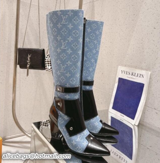 Perfect Louis Vuitton Signature Blue Denim High Boots 8.5cm with Patch 1015040