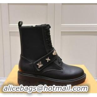 Luxury Louis Vuitton Citizen Flat Ranger Ankle Boots with Logo Strap in Black Calf Leather 1015043