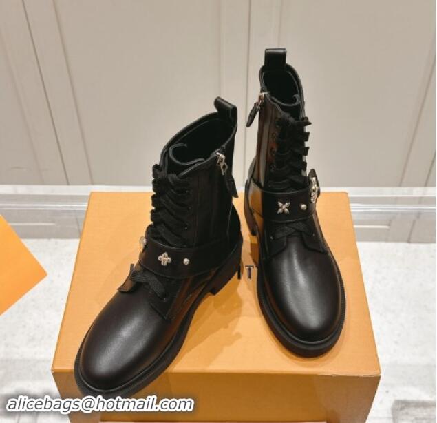 Luxury Louis Vuitton Citizen Flat Ranger Ankle Boots with Logo Strap in Black Calf Leather 1015043