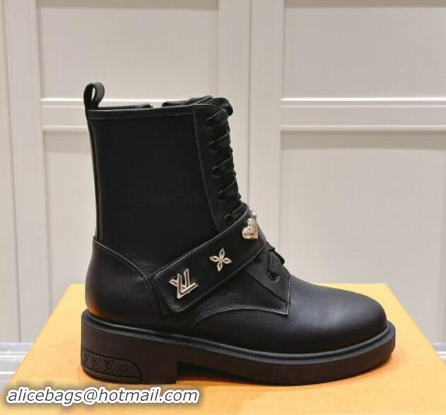 Luxury Louis Vuitton Citizen Flat Ranger Ankle Boots with Logo Strap in Black Calf Leather 1015043