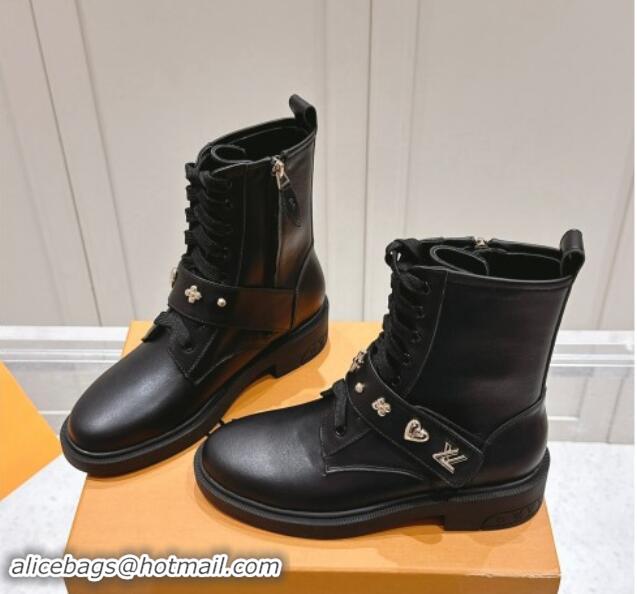 Luxury Louis Vuitton Citizen Flat Ranger Ankle Boots with Logo Strap in Black Calf Leather 1015043