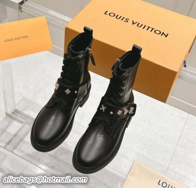 Luxury Louis Vuitton Citizen Flat Ranger Ankle Boots with Logo Strap in Black Calf Leather 1015043