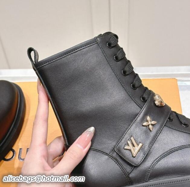 Luxury Louis Vuitton Citizen Flat Ranger Ankle Boots with Logo Strap in Black Calf Leather 1015043