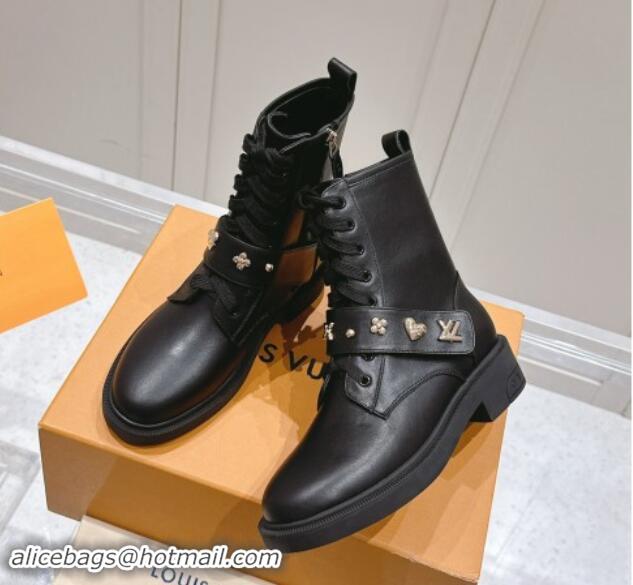 Luxury Louis Vuitton Citizen Flat Ranger Ankle Boots with Logo Strap in Black Calf Leather 1015043