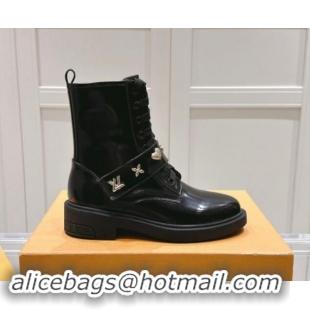 Grade Quality Louis Vuitton Citizen Flat Ranger Ankle Boots with Logo Strap in Black Glazed Leather 1015045