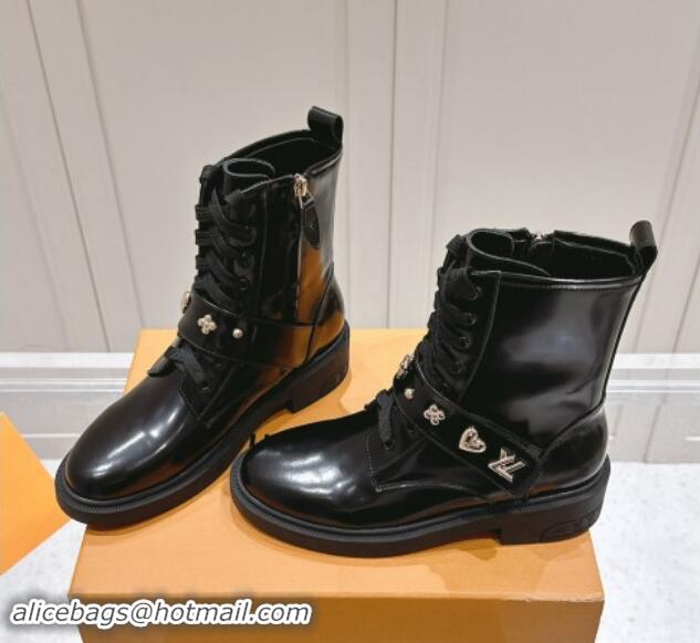 Grade Quality Louis Vuitton Citizen Flat Ranger Ankle Boots with Logo Strap in Black Glazed Leather 1015045