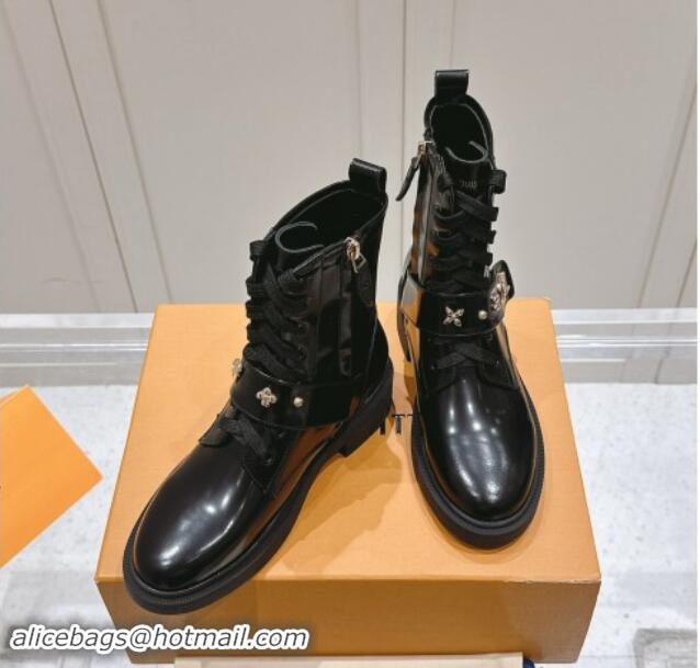 Grade Quality Louis Vuitton Citizen Flat Ranger Ankle Boots with Logo Strap in Black Glazed Leather 1015045