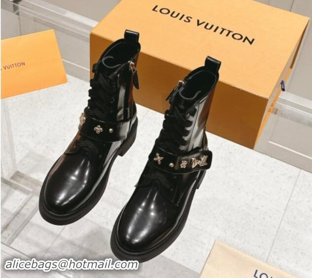 Grade Quality Louis Vuitton Citizen Flat Ranger Ankle Boots with Logo Strap in Black Glazed Leather 1015045