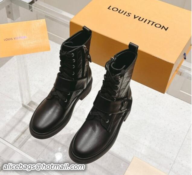 Grade Quality Louis Vuitton Citizen Flat Ranger Ankle Boots with Logo Strap in Black Glazed Leather 1015045