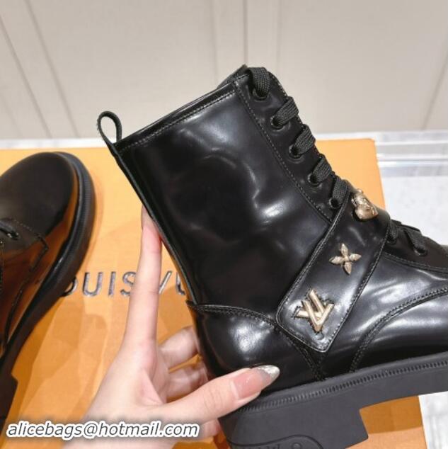 Grade Quality Louis Vuitton Citizen Flat Ranger Ankle Boots with Logo Strap in Black Glazed Leather 1015045