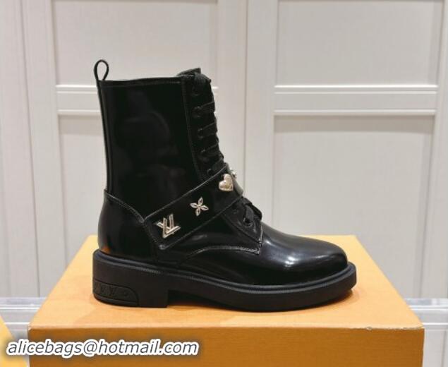 Grade Quality Louis Vuitton Citizen Flat Ranger Ankle Boots with Logo Strap in Black Glazed Leather 1015045