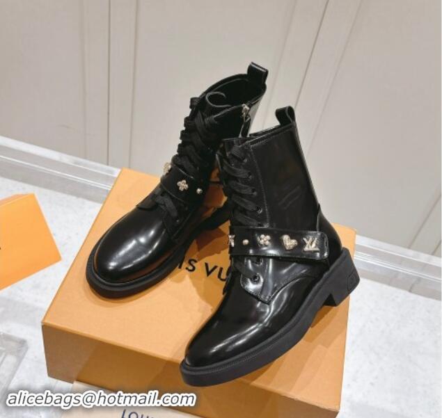 Grade Quality Louis Vuitton Citizen Flat Ranger Ankle Boots with Logo Strap in Black Glazed Leather 1015045