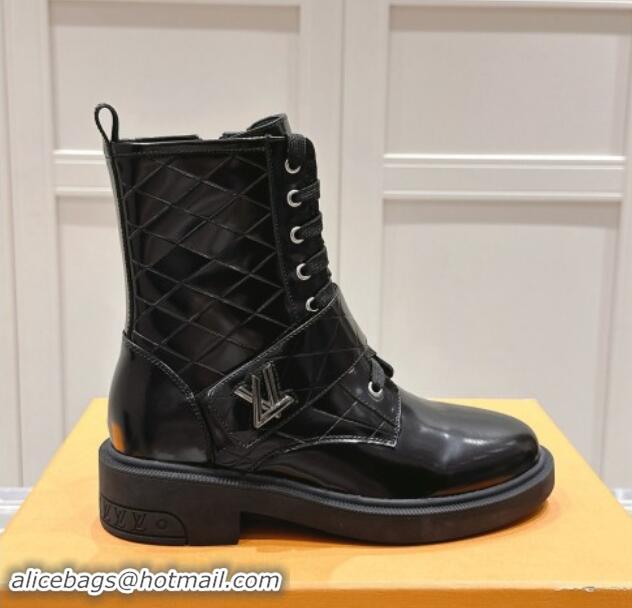 Unique Style Louis Vuitton Citizen Flat Ranger Ankle Boots with LV Strap in Black Shiny Leather 1015047