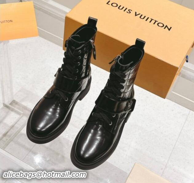 Unique Style Louis Vuitton Citizen Flat Ranger Ankle Boots with LV Strap in Black Shiny Leather 1015047