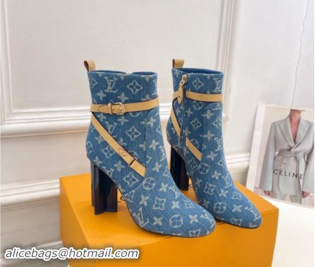 Fashion Louis Vuitton Silhouette Ankle Boots 10cm with Buckle Strap in Blue Denim 1015055