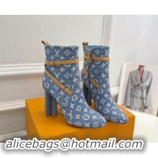 Luxurious Louis Vuitton Silhouette Ankle Boots 10cm with Buckle Strap in Monogram Canvas Blue 1015056