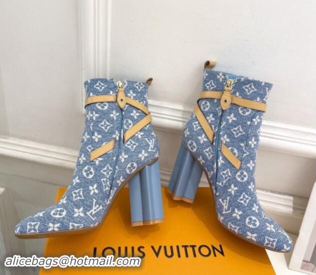 Luxurious Louis Vuitton Silhouette Ankle Boots 10cm with Buckle Strap in Monogram Canvas Blue 1015056