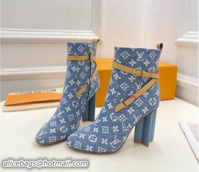 Luxurious Louis Vuitton Silhouette Ankle Boots 10cm with Buckle Strap in Monogram Canvas Blue 1015056