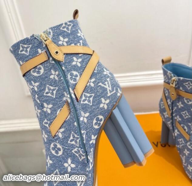 Luxurious Louis Vuitton Silhouette Ankle Boots 10cm with Buckle Strap in Monogram Canvas Blue 1015056