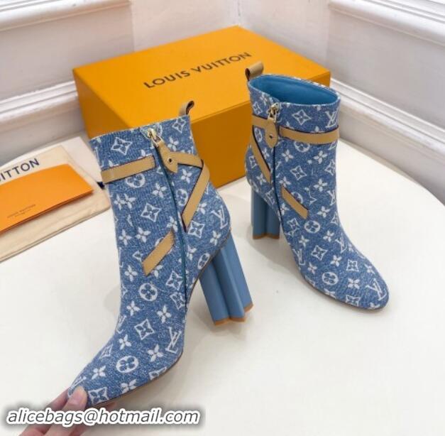 Luxurious Louis Vuitton Silhouette Ankle Boots 10cm with Buckle Strap in Monogram Canvas Blue 1015056