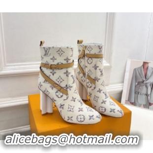 Luxury Cheap Louis Vuitton Silhouette Ankle Boots 10cm with Buckle Strap in Monogram Canvas White 1015057