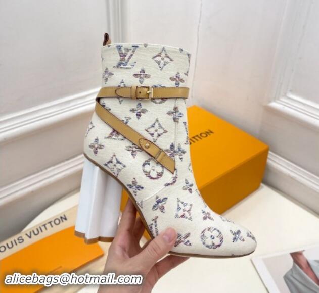 Luxury Cheap Louis Vuitton Silhouette Ankle Boots 10cm with Buckle Strap in Monogram Canvas White 1015057