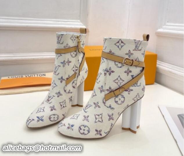 Luxury Cheap Louis Vuitton Silhouette Ankle Boots 10cm with Buckle Strap in Monogram Canvas White 1015057