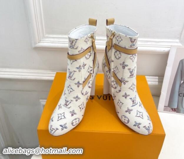 Luxury Cheap Louis Vuitton Silhouette Ankle Boots 10cm with Buckle Strap in Monogram Canvas White 1015057