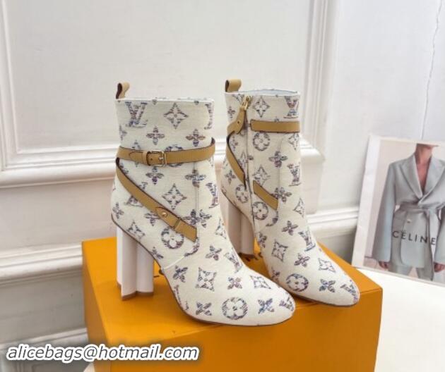 Luxury Cheap Louis Vuitton Silhouette Ankle Boots 10cm with Buckle Strap in Monogram Canvas White 1015057