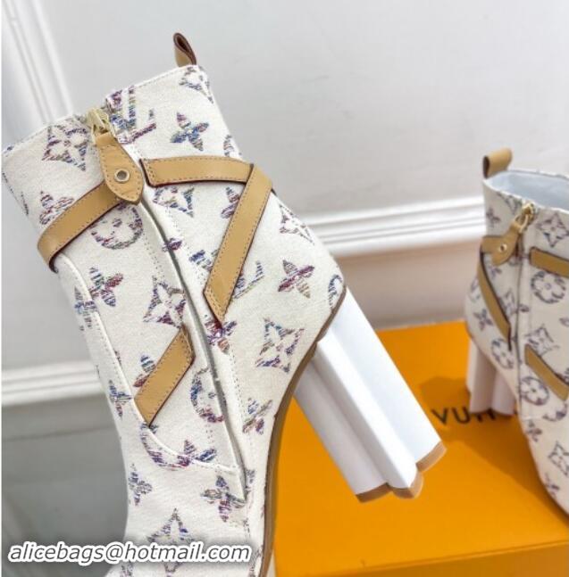 Luxury Cheap Louis Vuitton Silhouette Ankle Boots 10cm with Buckle Strap in Monogram Canvas White 1015057