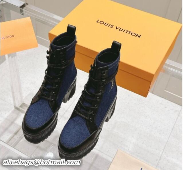 Classic Hot Louis Vuitton Laureate Platform Desert Ankle Boots 7cm in Dark Blue Denim 1015061