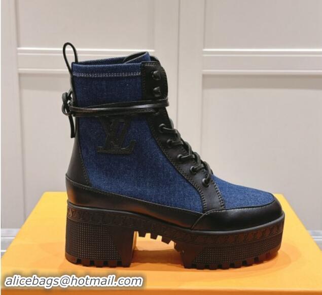 Classic Hot Louis Vuitton Laureate Platform Desert Ankle Boots 7cm in Dark Blue Denim 1015061