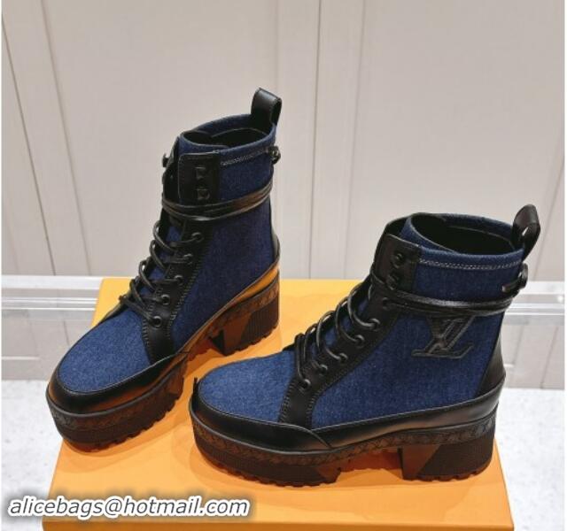 Classic Hot Louis Vuitton Laureate Platform Desert Ankle Boots 7cm in Dark Blue Denim 1015061