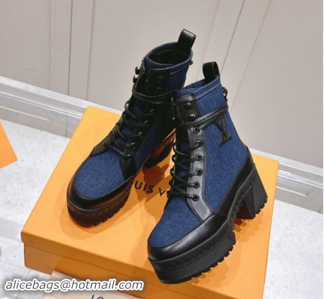 Classic Hot Louis Vuitton Laureate Platform Desert Ankle Boots 7cm in Dark Blue Denim 1015061