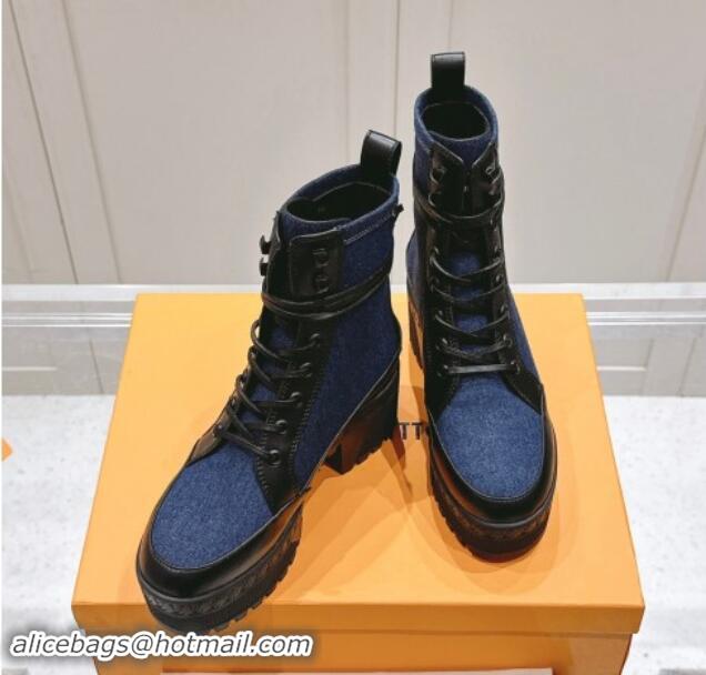 Classic Hot Louis Vuitton Laureate Platform Desert Ankle Boots 7cm in Dark Blue Denim 1015061